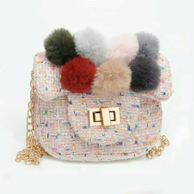 SLING BAG ANAK IMPORT BRANDED, TAS SELEMPANG ANAK MINI CHANEL, CHERRY POMS MINI BAG