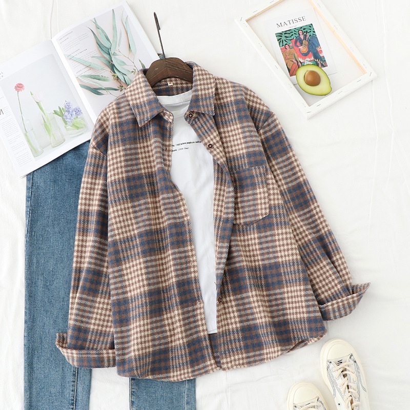 kemeja wanita Korea plaid shirt oversize retro panjang lengan semua pertandingan-612biru