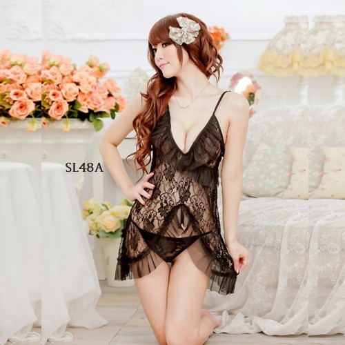 [PALING MURAH] NIGHT GOWN LINGERIE SEXY BAJU TIDUR WANITA BROKAT HITAM SL48A