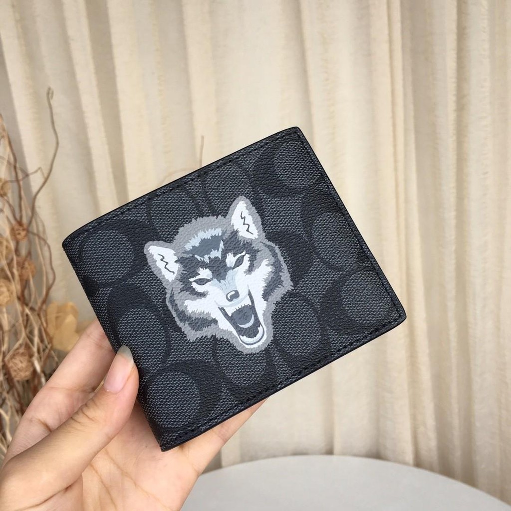 Coach Men's Wallet Bifold 3 in 1 in Signature Black with Wolf Print - ORIGINAL 100%