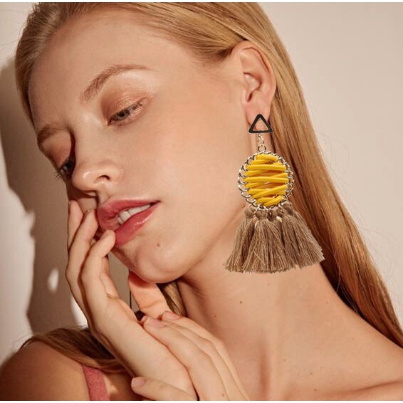 Ornamen fashion Eropa dan Amerika retro gaya etnik rumbai woven aksesoris mesh bulat anting-anting f