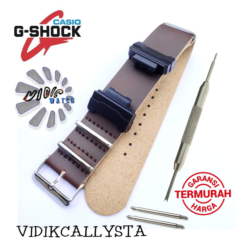 Tali Jam Tangan G-Shock Kulit Coklat Nato Zulu Gshock Kulit Dengan Adapter Adaptor Coklat Silver