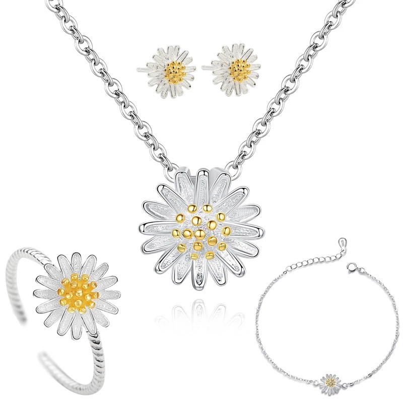 Set Kalung + Gelang + Anting + Cincin Motif Bunga Daisy Bahan Tembaga Untuk Wanita