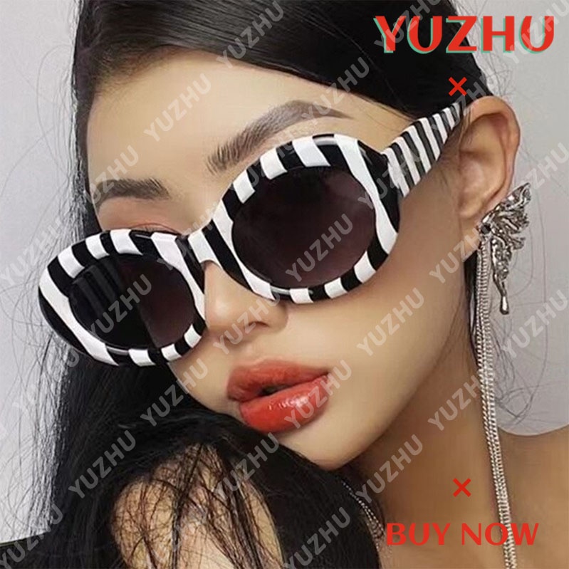 (YUZHU) COD New Fashion Striped Zebra Oval Frame Kacamata Wanita Kepribadian Wanita Hip Hop Kacamata Hitam