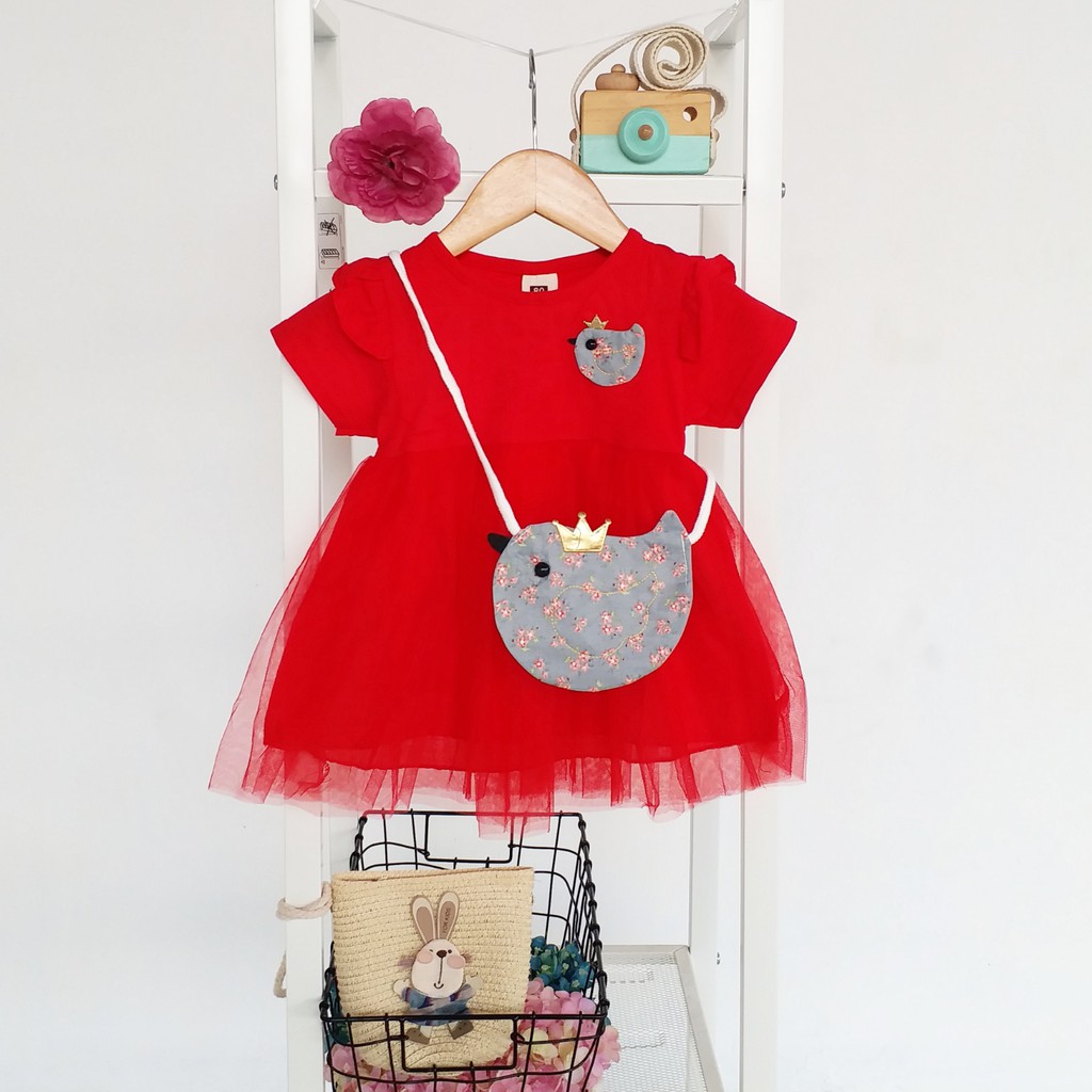 HappyOliver DRESS BIRD CROWN BAGS 273 EBV Baju Dress Anak Perempuan Import 6 bulan - 3 tahun/Dress Bayi Perempuan/Gaun Bayi Perempuan/Dress Pesta/Dress Bayi