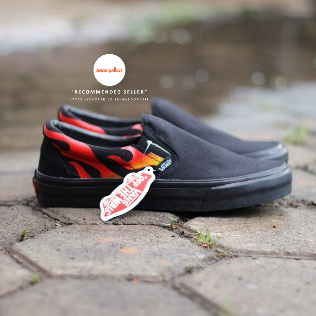 PROMO Sepatu Slip On Pria dan Wanita | Vans Slip On Flame Black White TOP Premium, Kualitas Original Harga Murah