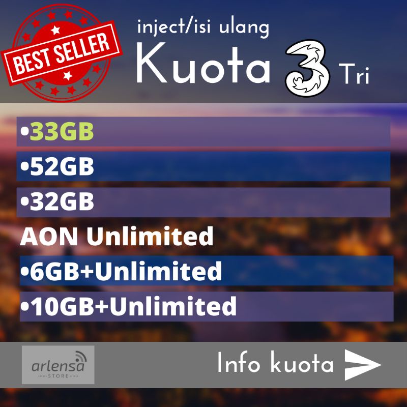Paket data internet kuota tri 3 three | 32GB | Unlimited 52GB 6GB 10 GB | AON 8GB