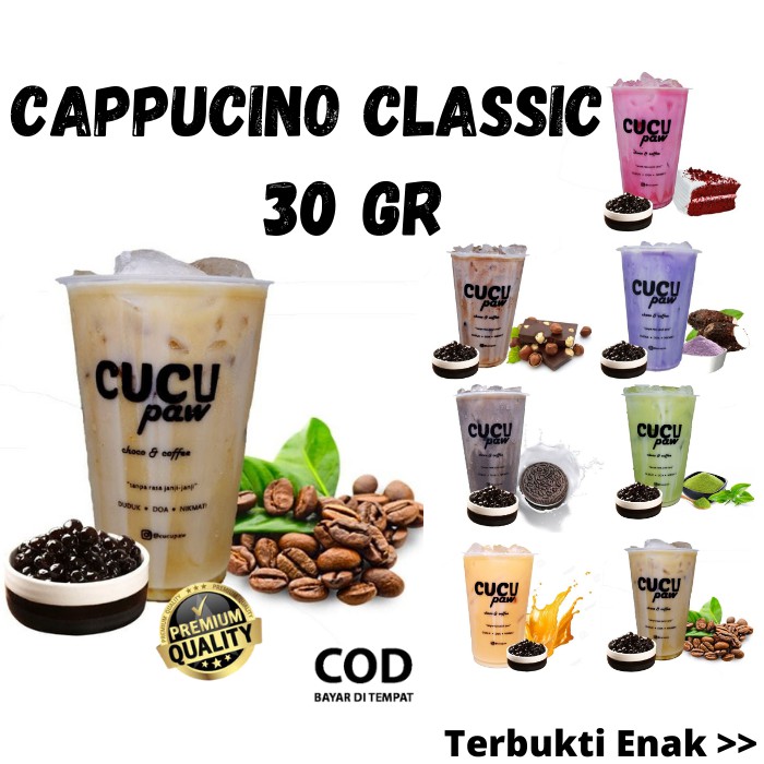 

BUBUK MINUMAN COKLAT SACHET PREMIUM KEKINIAN RASA CAPPUCINO CLASSIC DRINK POWDER 30gr