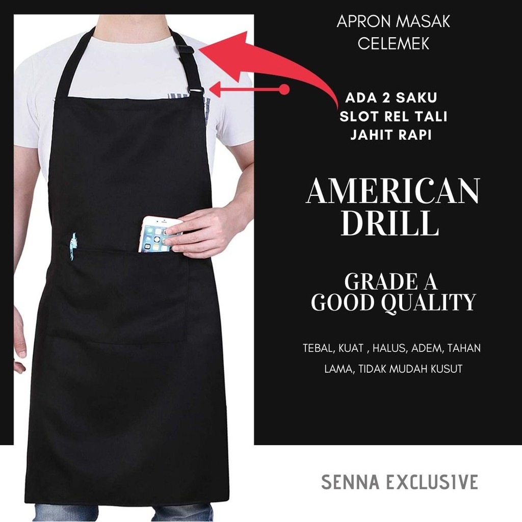 Apron Celemek Drill bordir Custom nama logo Masak Custom Drill Restoran Barber Bisa order satuan