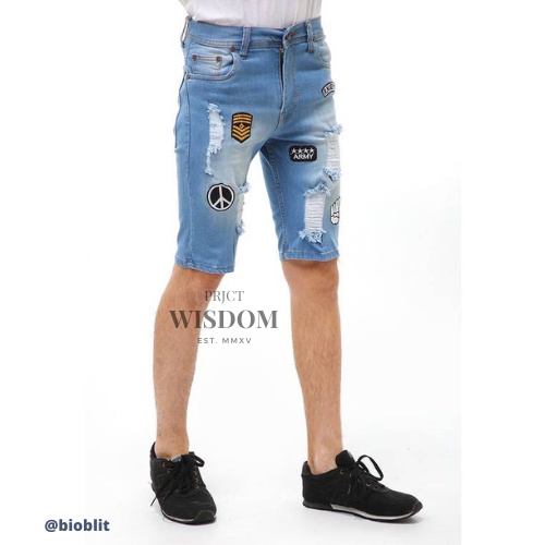 Wisdom - Short Pants Ripped  Skinny Jeans Celana Pendek Pria Sticker Motive Material Denim Softjeans Stretch ORIGINAL - Bioblit