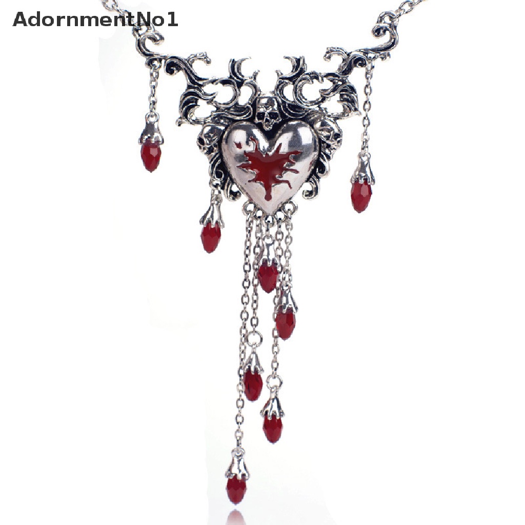 (AdornmentNo1) Kalung Rantai Dengan Liontin Hati + Tengkorak + Rumbai Merah Gaya Gothic Untuk Wanita