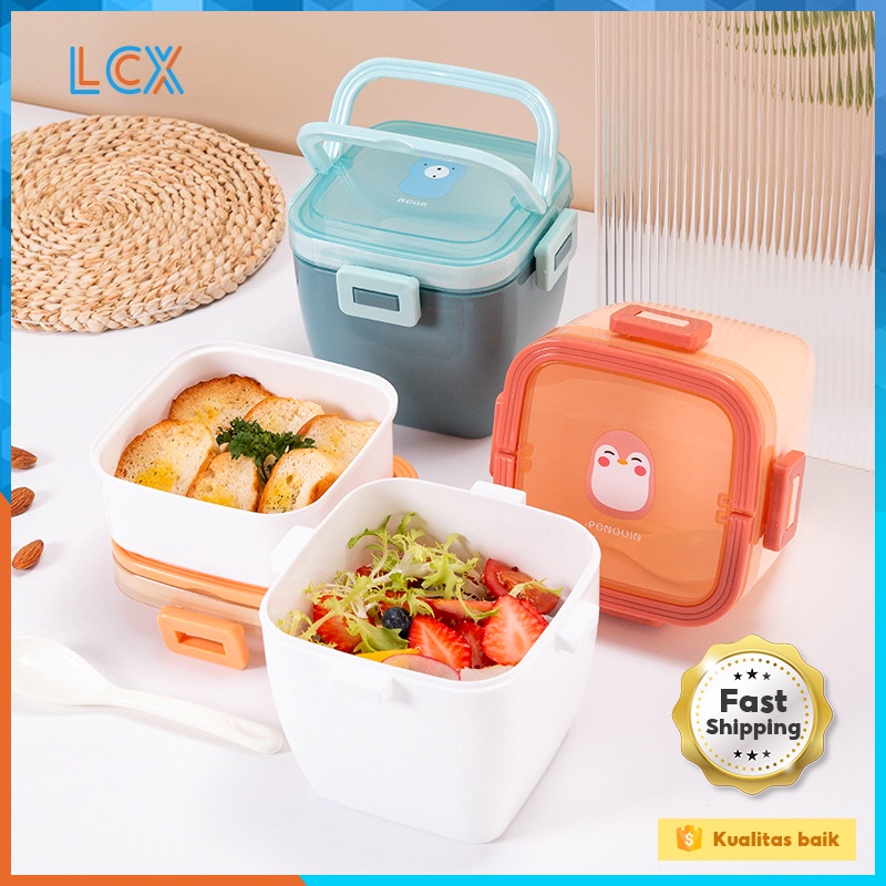 LCX Kotak Makan Lunch Box Anti Tumpah/Disegel Tempat Makanan Bekal Free Sendok