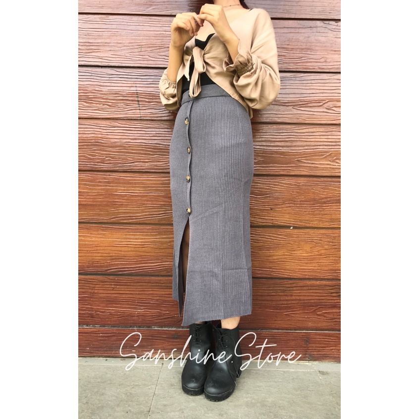 ROK SPAN RAJUT MIDI KANCING BELAH PINGGIR / MIDI BUTTON SKIRT/ ROK SPAN RAJUT 7/8 SETENGAH BETIS BELAH PINGGIR