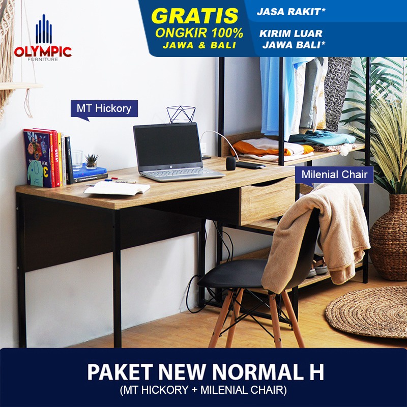 MORE Olympic New Normal Paket H – Meja Kerja / Meja Belajar / Meja Tulis + Kursi - MT HICKORY + MILE