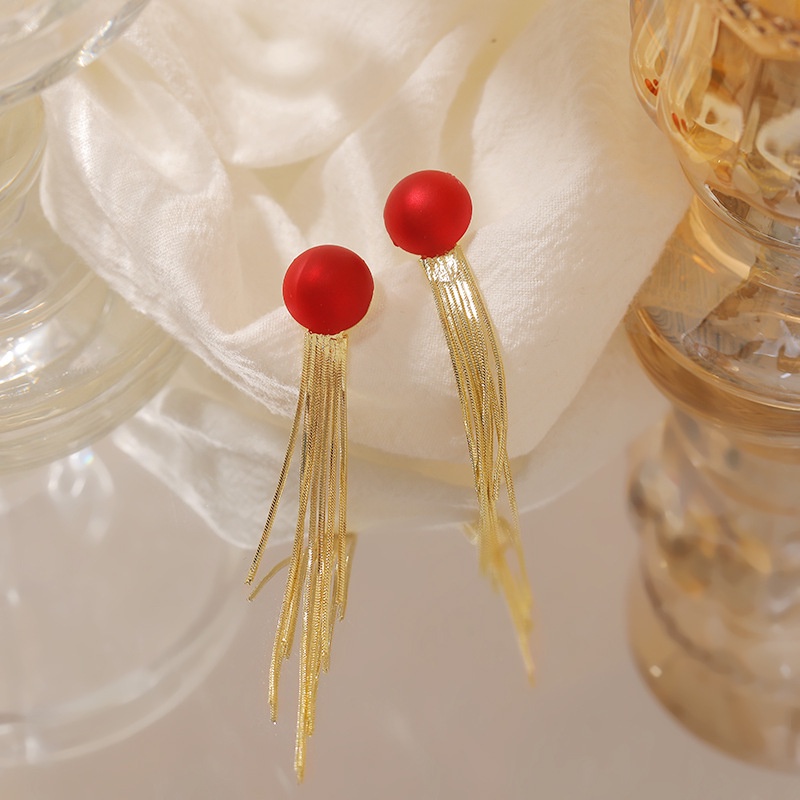 Sterling silver jarum merah Korea rumbai anting-anting wanita elegan panjang tipis mencari anting-an