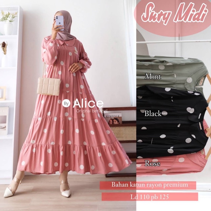 SURY MIDI ORI SOLO BERLABEL ALICE HOMEY DRESS RAYON VISCOSE PREMIUM LD 110 GAMIS POLKADOT BUSUI