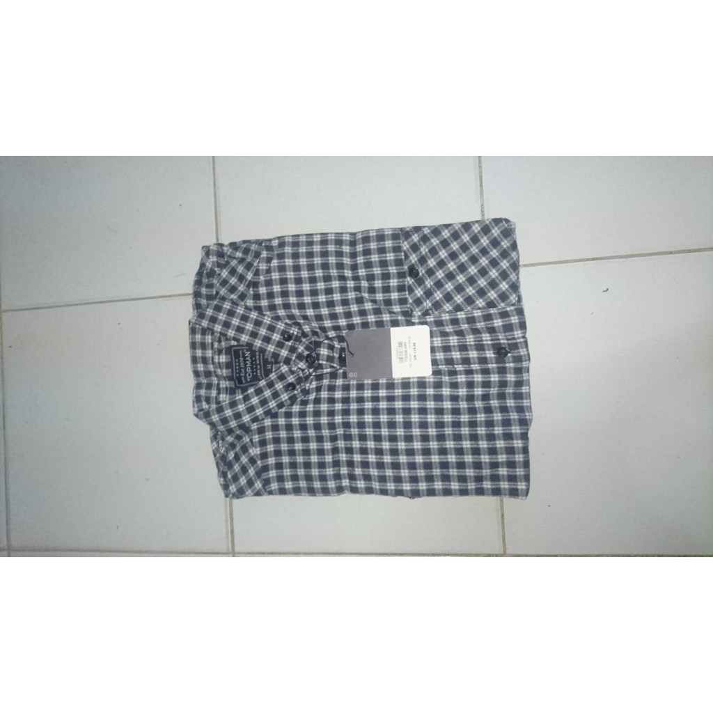 Kemeja Flanel TOPMAN Motif Kotak kecil putih hitam Pria Slimfit