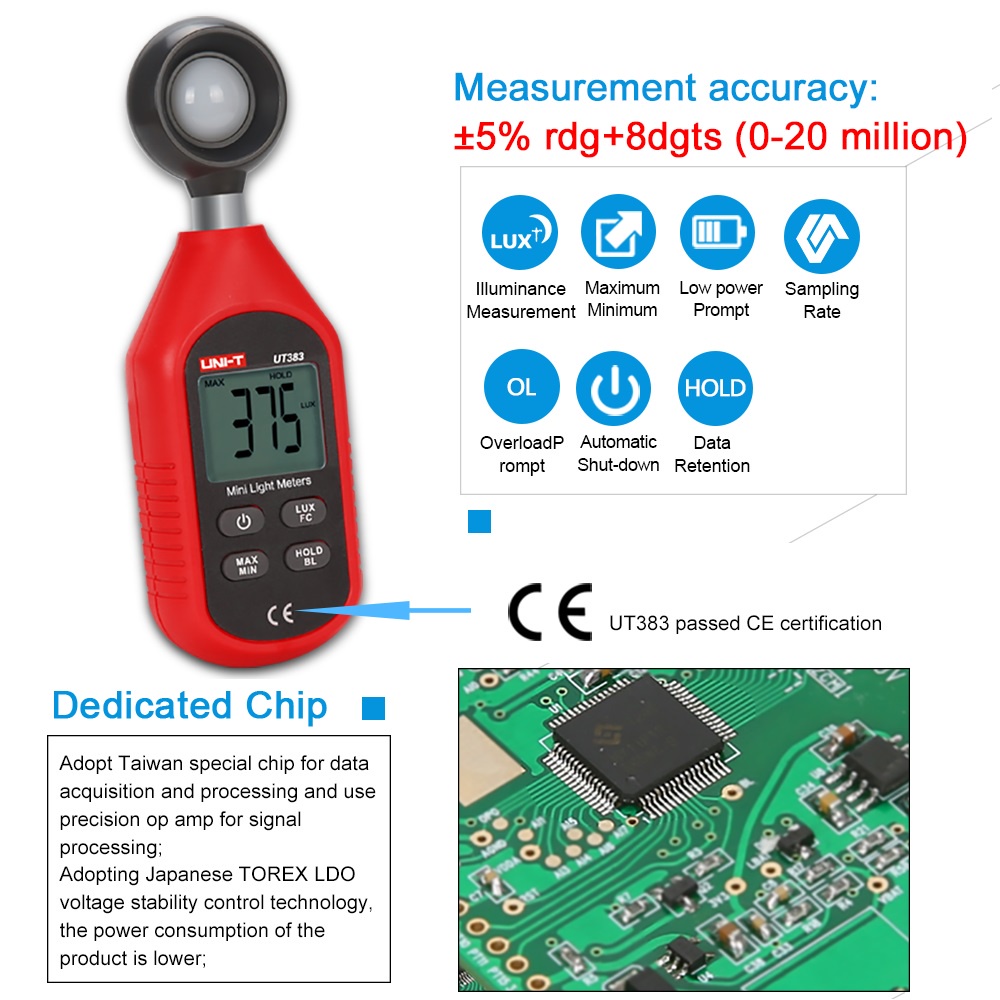 UNI-T UT383 Luxmeter Lux Meter Light Meter Alat Ukur Intensitas Kekuatan Cahaya Illuminometers Photometer Tester UT 383