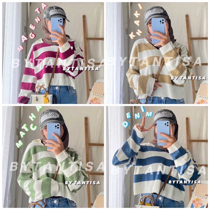 SWEATER FUJI /BAJU RAJUT FUJI /SWEATER CROP FUJI/FUJI/CROP RAJUT ALDA STRIP READY GARIS OVERSIZE BLOUSE RAJUT MOTIF GARIS