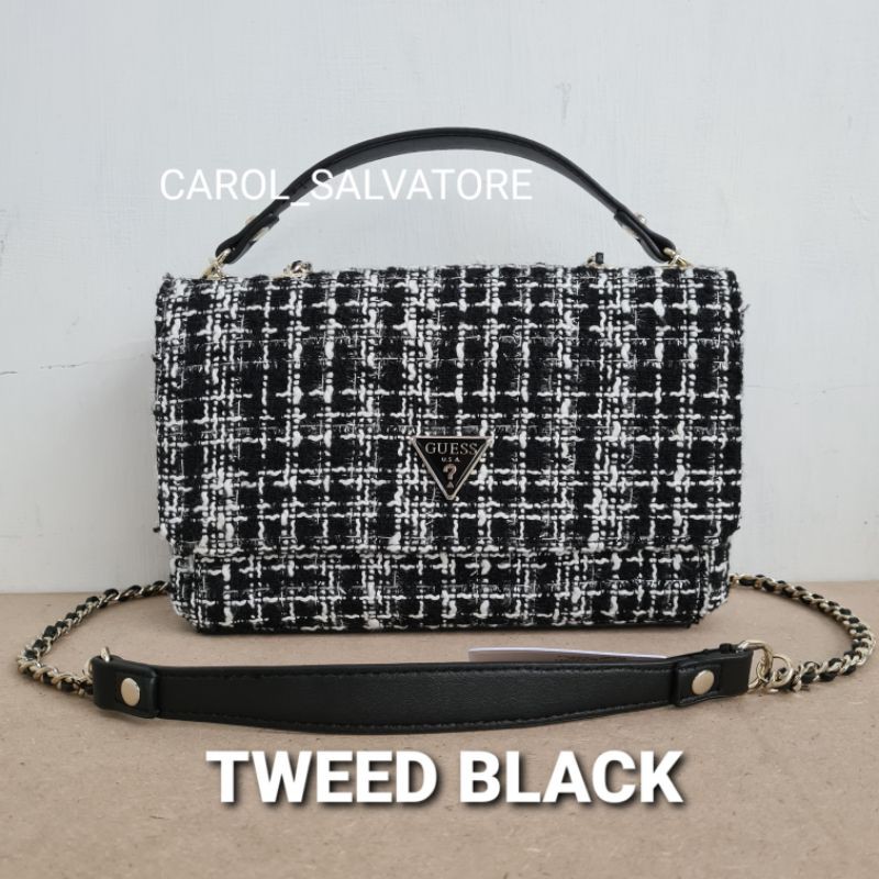 (WODB) Tas cessily tweed black tweed pink tweed pink rajut convertible selempang dan shoulder bag. gs gb tweed rajut sintetis