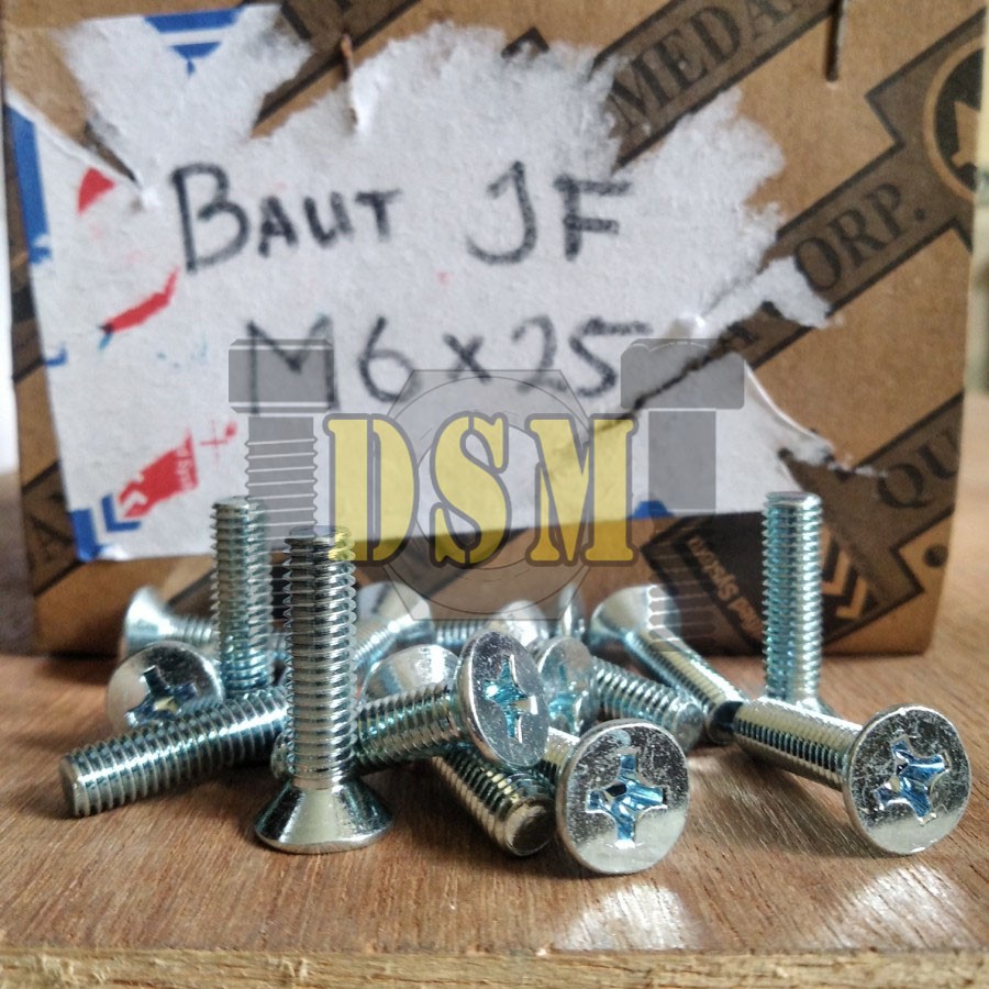 (100pcs) Galvanis Baut JF M6x25 / Machine Screw M6 Kepala Obeng Rata