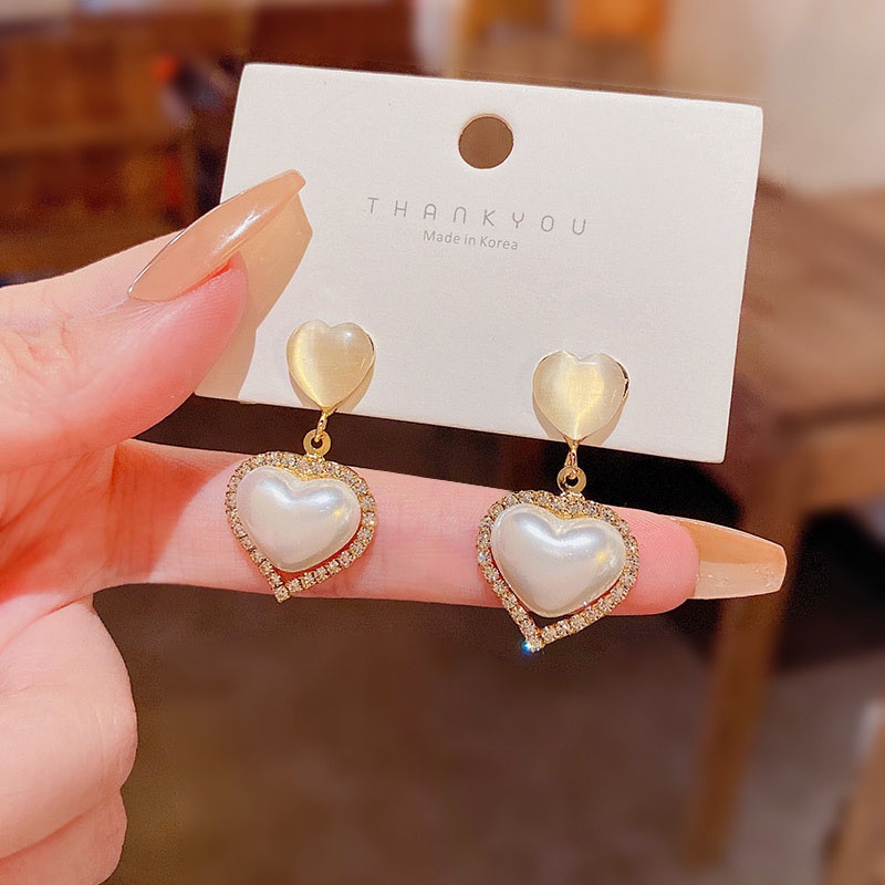 Anting Tusuk Sterling Silver 925 Bentuk Hati Hias Mutiara + Berlian Imitasi Mewah Untuk Wanita