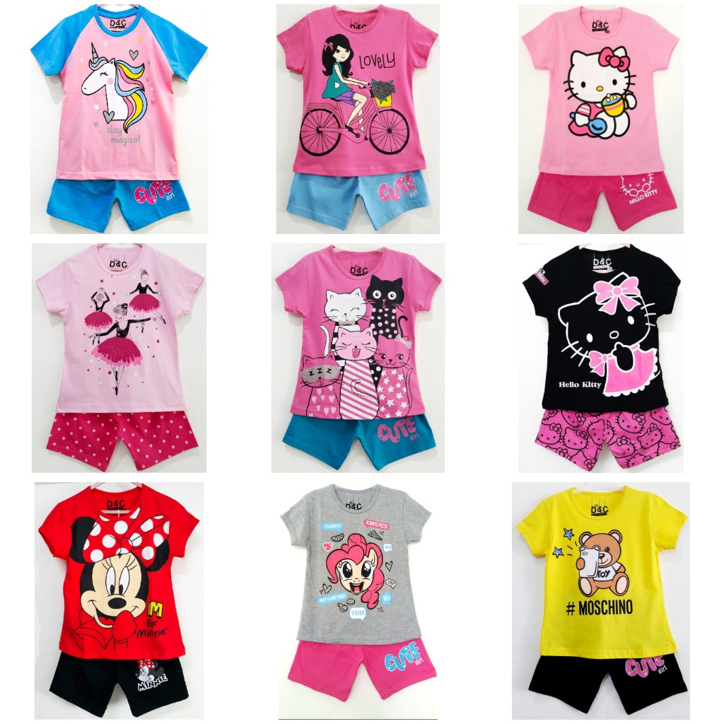 SETELAN D&C KARAKTER ANAK PEREMPUAN KARAKTER KARTUN LUCU 1-3TH 100% COTTON D&C KAOS CEWEK KARTUN