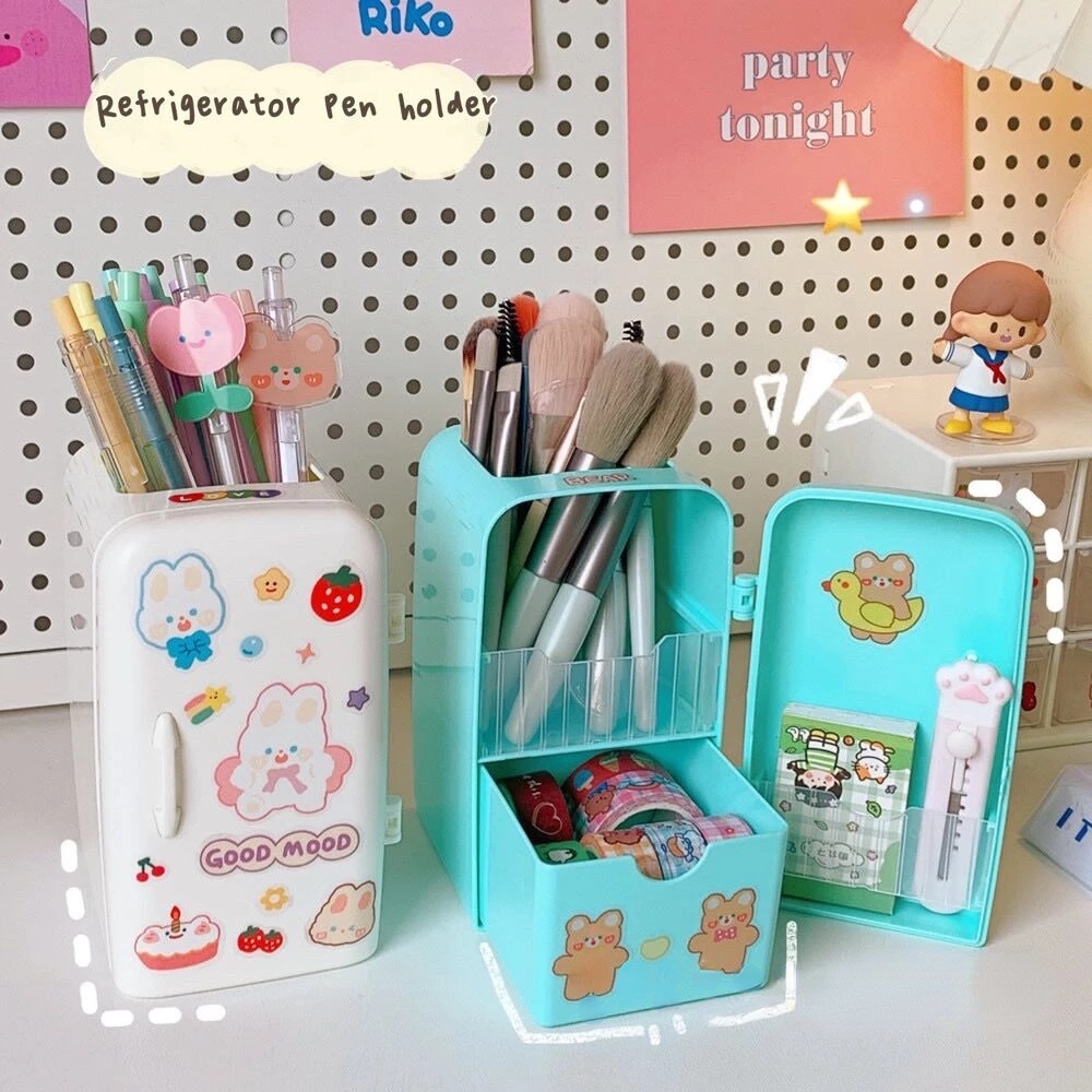 1Pc Creative Cartoon Multifunctional Assortment Mini Fridge Storage Box Pen Holder For Makeup Brush And Office School Stationery