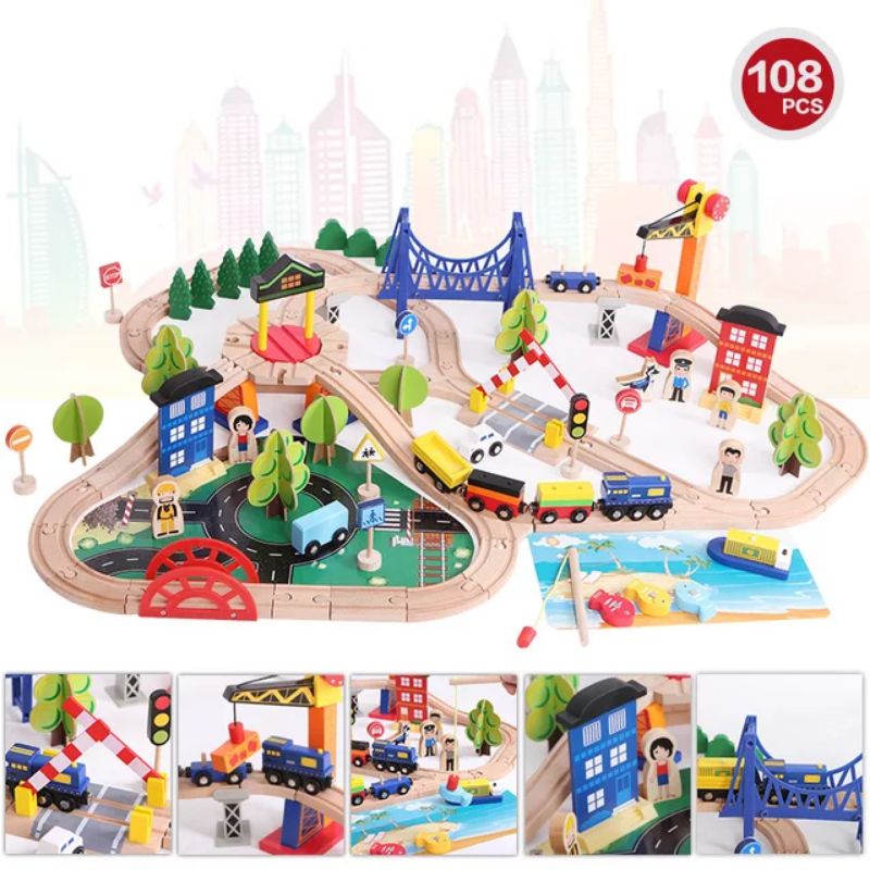 108 pcs wooden train set / mainan rel kereta api