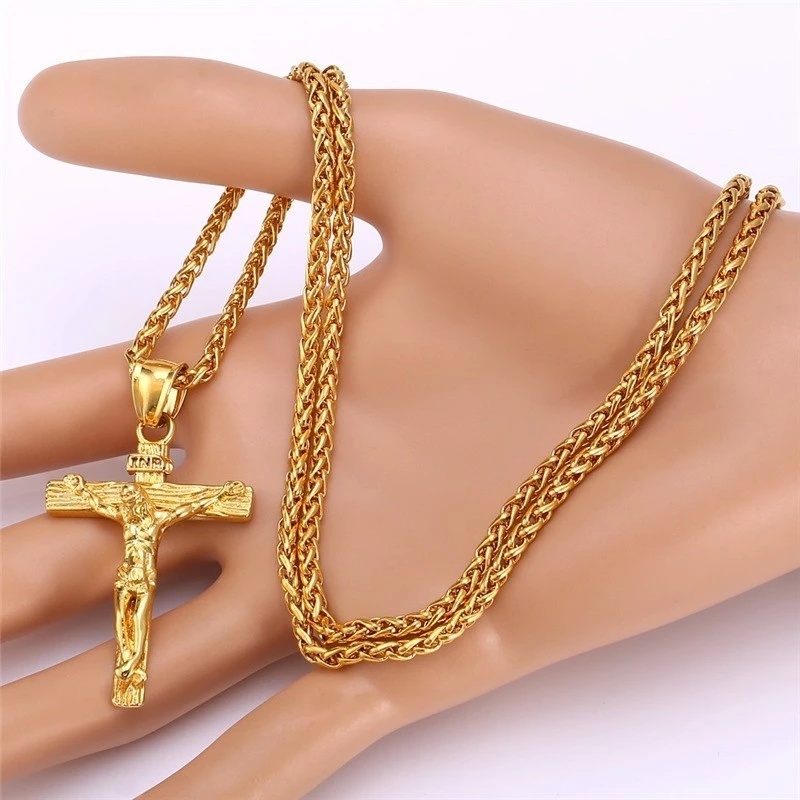 Kalung Rantai Klavikula Dengan Liontin Salib Yesus Warna Emas Gaya Hip Hop Untuk Pria Dan Wanita