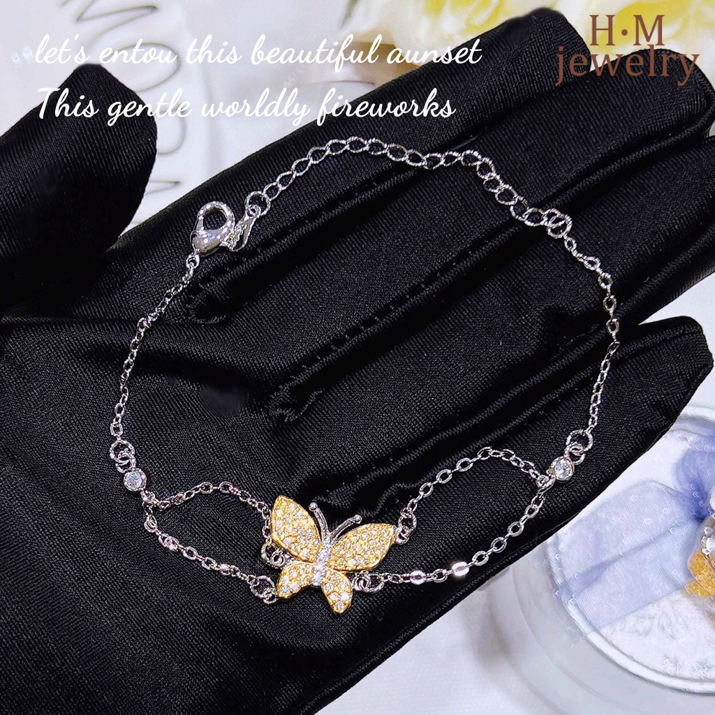 Set Kalung Gelang Anting Stud Desain Kupu-Kupu Aksen Berlian Warna Kuning