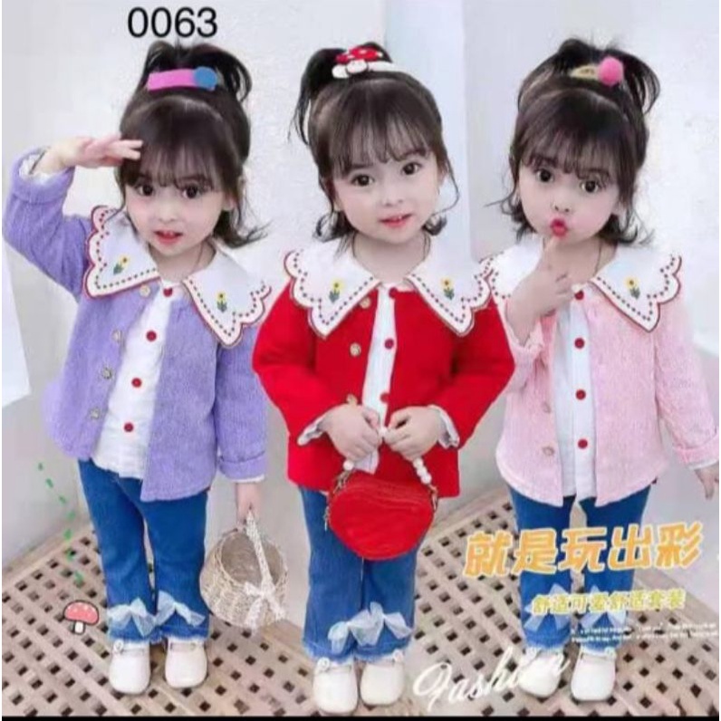 Setelan CELANA JEANS + BLOUSE VEST RAJUT  BRENDA anak cewek import 1-5 tahun/  Setelan Baju 3in1 Anak Perempuan  sweater rajut /  Setelan sweater rajut Anak Import Korea  /  Baju Anak Perempuan Korea Style