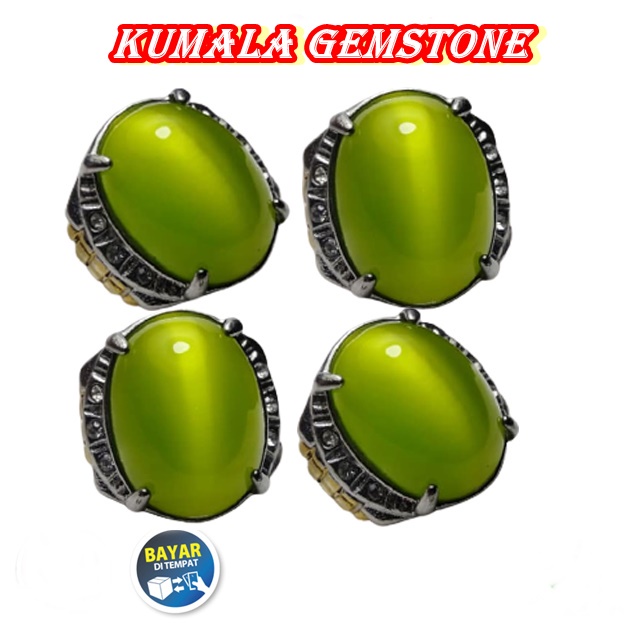Cincin Batu Akik Mata Kucing Warna Hijau Semu Kuning Cat Eye