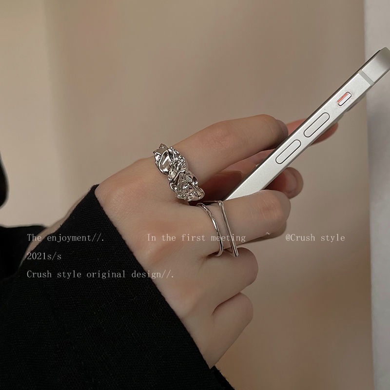 Gaya dingin double layer geometris terbuka cincin wanita in niche desain tidak teratur dengan keprib