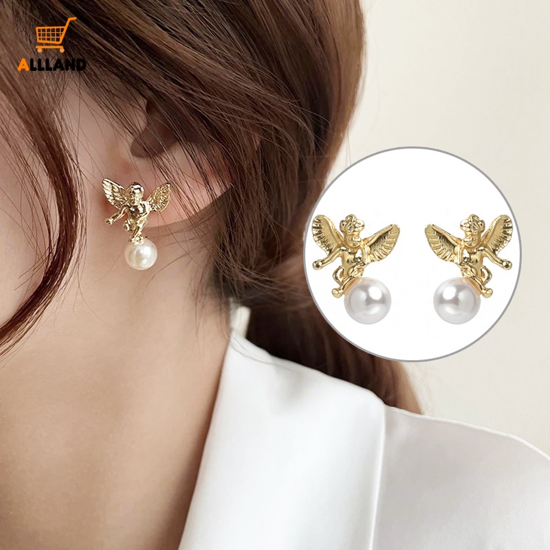 Anting Stud Desain Malaikat Cupid Aksen Mutiara Warna Emas Gaya Retro Perancis Untuk Wanita