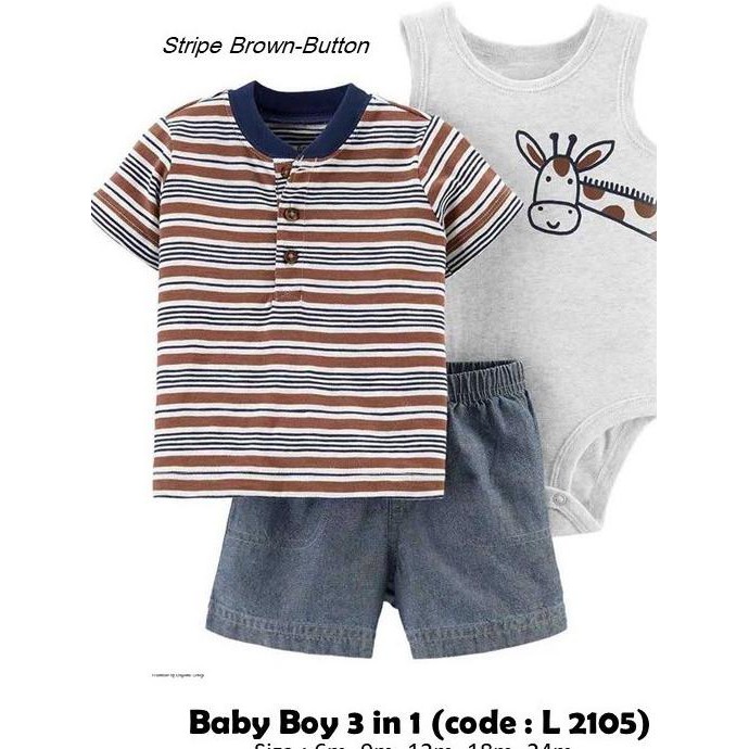 BABY BOY SET IMPOR 3 IN 1 L2105 / JUMPER BAYI LAKI LAKI - BROWN BUTTON, 12M 2307