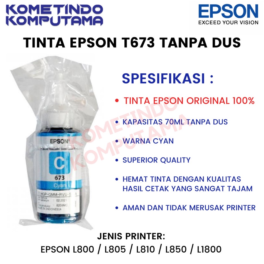 JAMIN ORIGINAL 100% T673 CYAN 70ml Loose Pack Tinta Botol Epson 673 BIRU