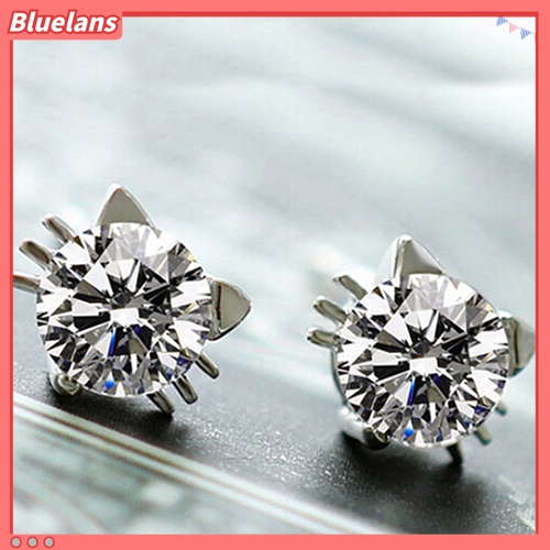 Anting Stud 925 Sterling Silver Bentuk Kucing Aksen Zirkon Untuk Perempuan