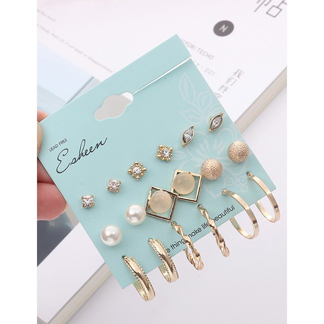 LRC Anting Set Fashion Gold Color Circular Ring Shape Decorated Earrings Sets