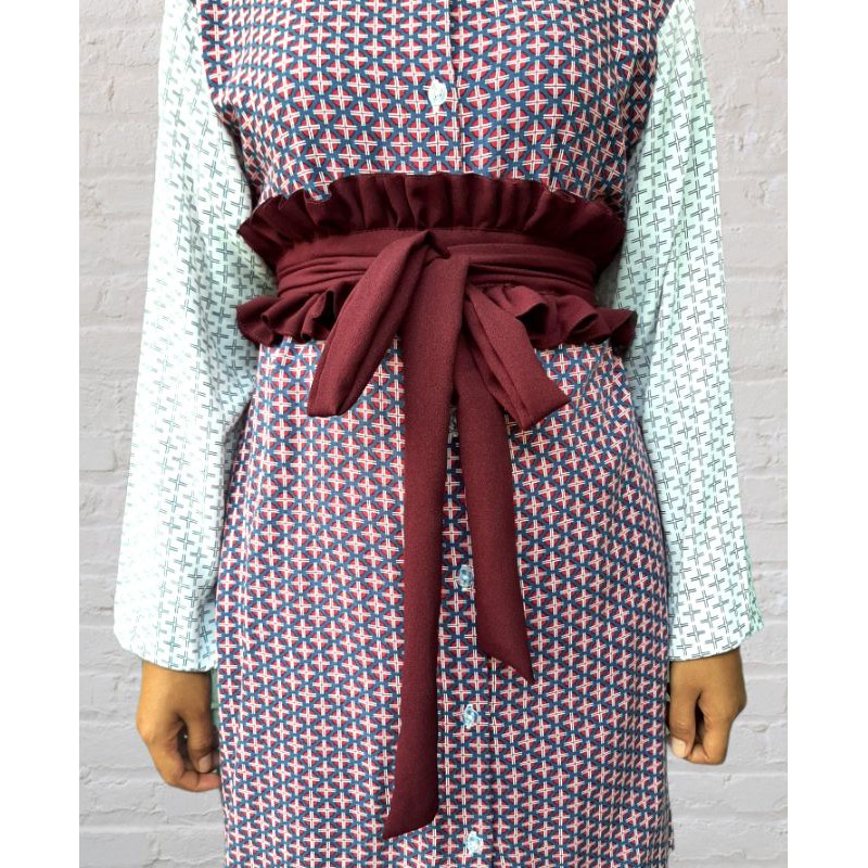 obi belt kain wanita marun fashion model ruffle / ikat pinggang kain wanita fashion