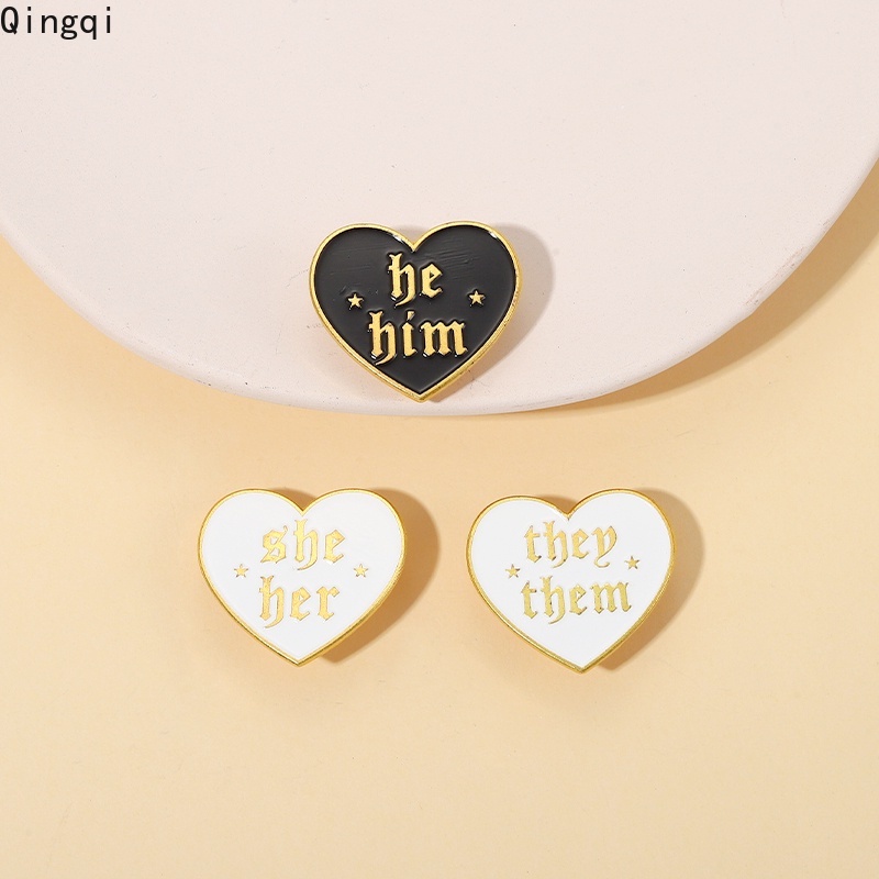 Bros Pin Enamel Bentuk Hati Tulisan HE HIM SHE HER THEY THEM Untuk Hadiah Teman