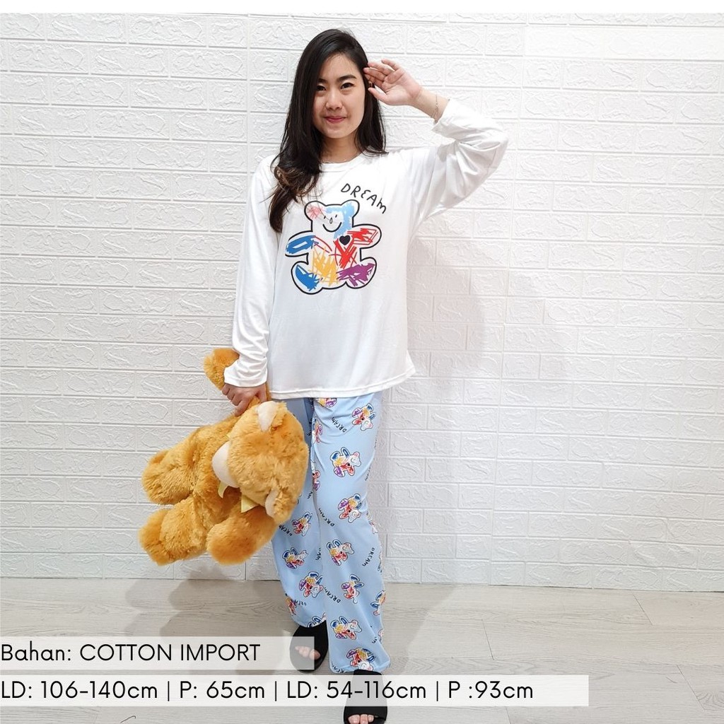 3537 kaos pajamas long dream bear one set import big baju tidur