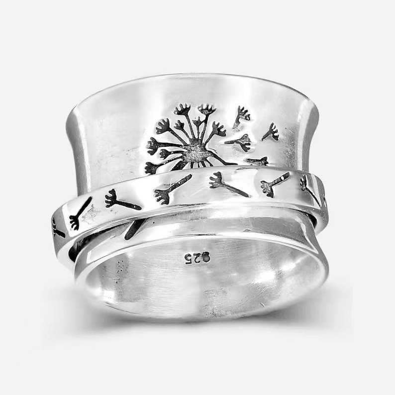 Cincin Dekompresi Desain Ukiran Bunga Dandelion Dapat Diputar Gaya Retro Eropa Amerika