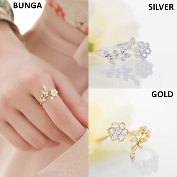 Cincin Wanita All Size Model Bunga Daun Love Warna Gold Silver Rosegold