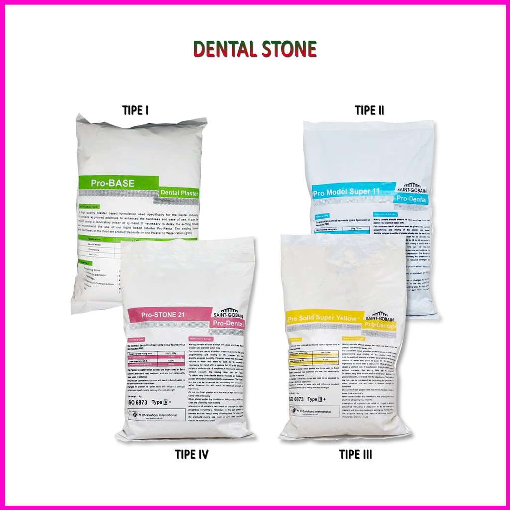 DENTAL GIPS STONE MOLDANO PROBASE BAHAN CETAK GIGI MERAH KUNING BIRU TIPE I TIPE II TYPE III TYPE IV