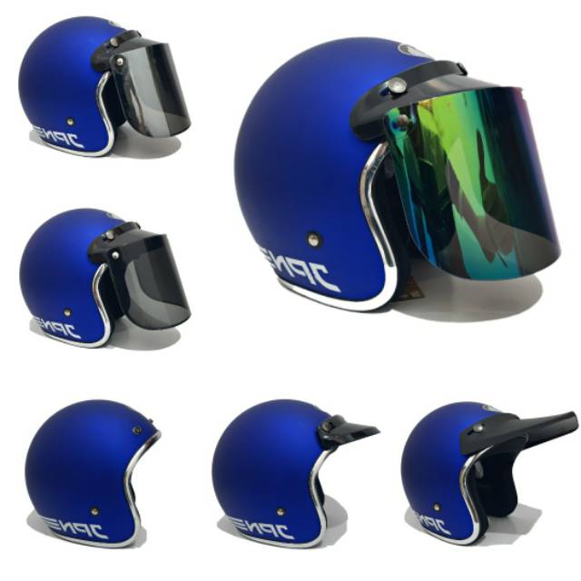 Helm Retro Biru Tua Doff List Chrome