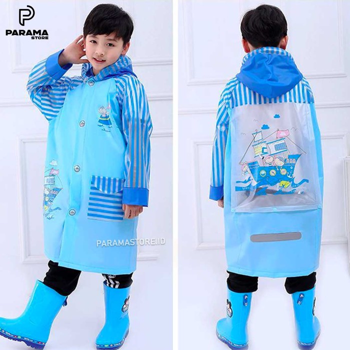 Unik Jas Hujan Anak Laki-Laki SD | Jas Hujan Anak SD - Blue Cool Boat, L Berkualitas