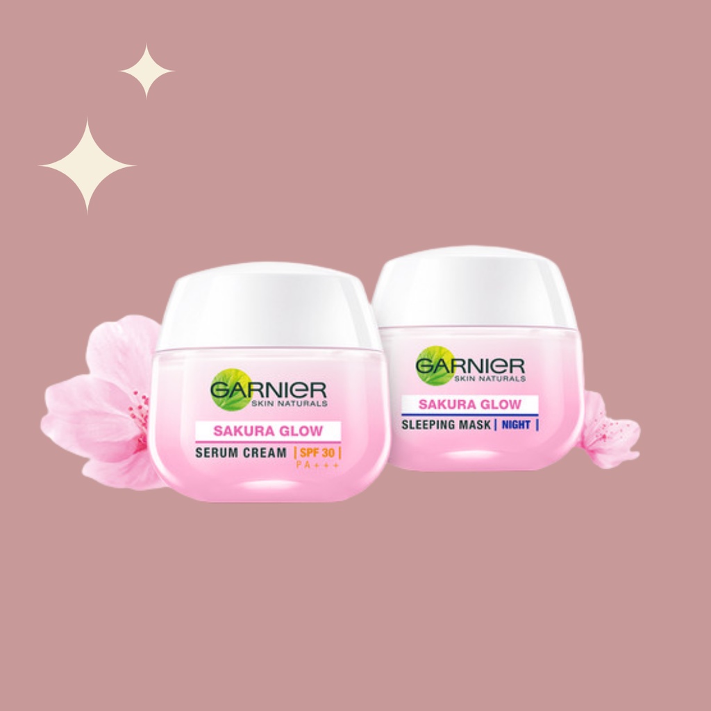 Garnier Skin Naturals Sakura White Pinkish Glow Sleeping Mask Night &amp; Sakura Glow Hyaluron Serum Cream Day SPF30 - SPF30 Krim Malam Krim Siang Masker Tidur Original