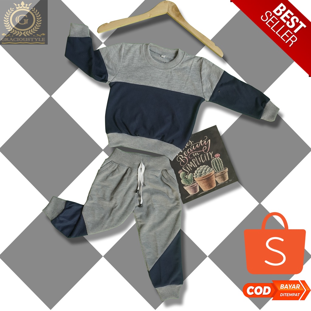 BAJU ANAK SETELAN SWEATER TRENING TRAINING JOGGER OLAHRAGA LAKILAKI/PEREMPUAN 5-10 thn-ABU KOMBI SETELAN
