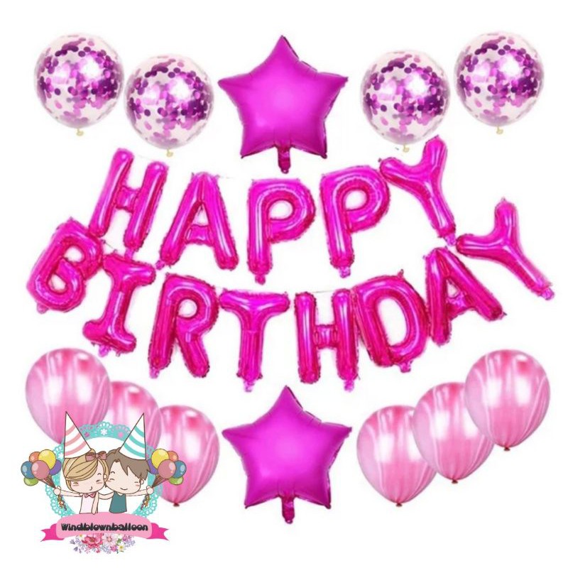 WINDBLOWN BALON FOIL HURUF SET DEKOR BACKDROP BIRTHDAY HBD CONFETTI ULTAH ULANG TAHUN FANTA PINK
